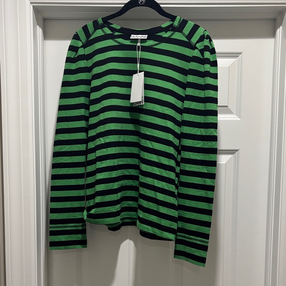 Size L - Ganni Green and Black Striped Top